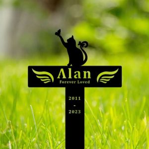 Personalized Cat with Butterflies Memorial Sign Yard Stakes Grave Marker Cemetery Decor Custom Metal Sign 1