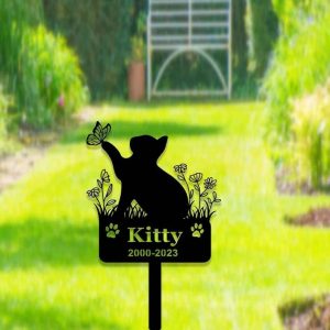 Personalized Cat with Butterfly Memorial Yard Stakes Grave Marker Cemetery Decor Custom Metal Sign 2