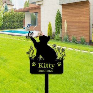 Personalized Cat with Butterfly Memorial Yard Stakes Grave Marker Cemetery Decor Custom Metal Sign 3