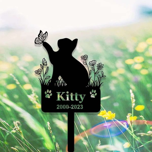 Personalized Cat with Butterfly Memorial Yard Stakes Grave Marker Cemetery Decor Custom Metal Sign