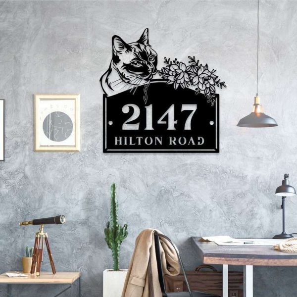 Personalized Cat with Flower Address Sign House Number Plaque Custom Metal Sign