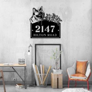 Personalized Cat with Flower Address Sign House Number Plaque Custom Metal Sign 2