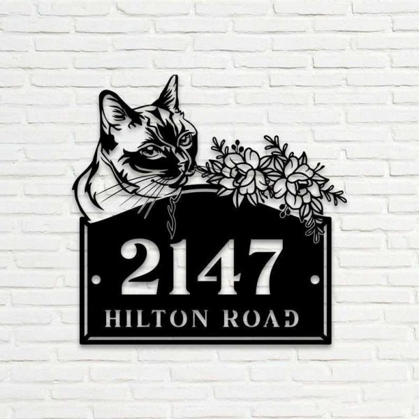 Personalized Cat with Flower Address Sign House Number Plaque Custom Metal Sign