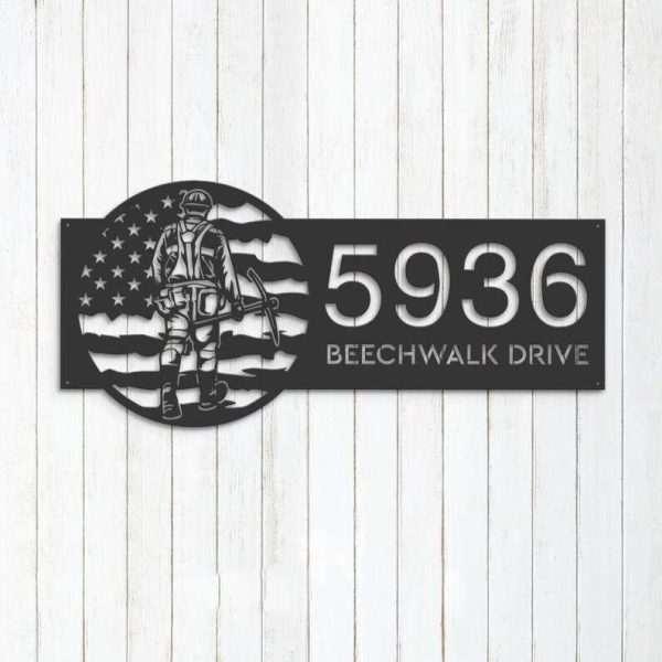 Personalized Coal Miner US Flag Address Sign House Number Plaque Custom Metal Sign