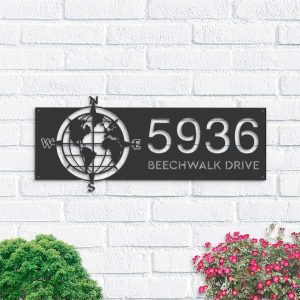 Personalized Compass Globe World Map Address Sign House Number Plaque Custom Metal Sign 1