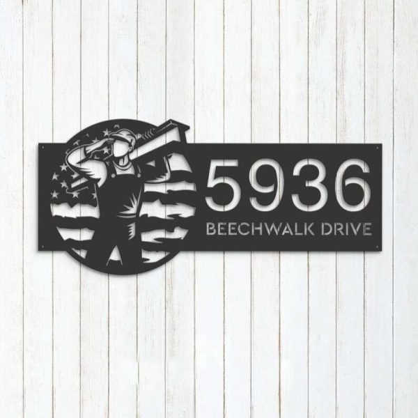 Personalized Construction Worker US Flag Address Sign House Number Plaque Custom Metal Sign