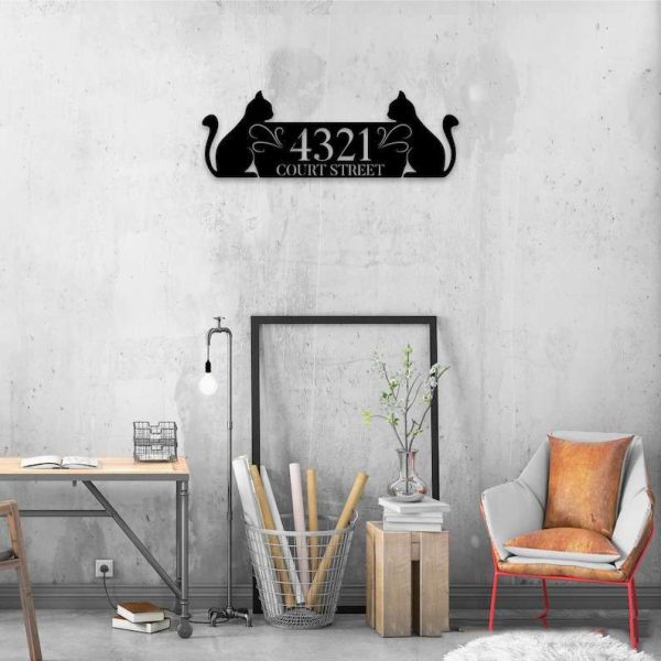 Personalized Couple Cat Address Sign House Number Plaque Custom Metal Sign