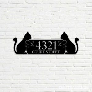 Personalized Couple Cat Address Sign House Number Plaque Custom Metal Sign