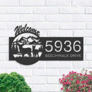 Personalized Couple Deer Mountain Scene Wildlife Welcome Address Sign House Number Plaque Custom Metal Sign 1