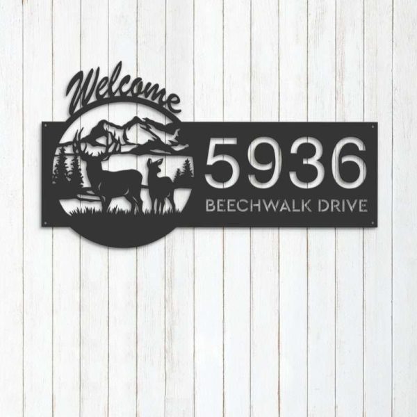 Personalized Couple Deer Mountain Scene Wildlife Welcome Address Sign House Number Plaque Custom Metal Sign