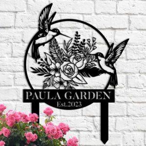 Personalized Couple Hummingbird Flower Garden Yard Stakes Decorative Custom Metal Sign 1