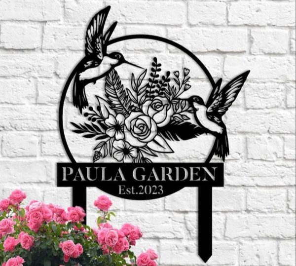 Personalized Couple Hummingbird Flower Garden Yard Stakes Decorative Custom Metal Sign