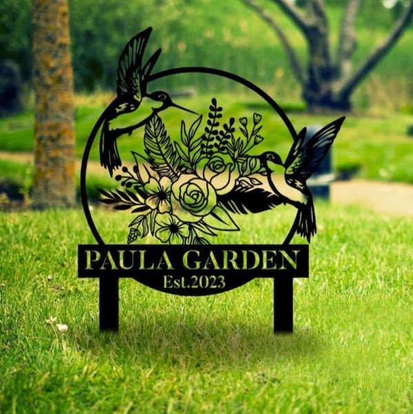 Personalized Couple Hummingbird Flower Garden Yard Stakes Decorative Custom Metal Sign