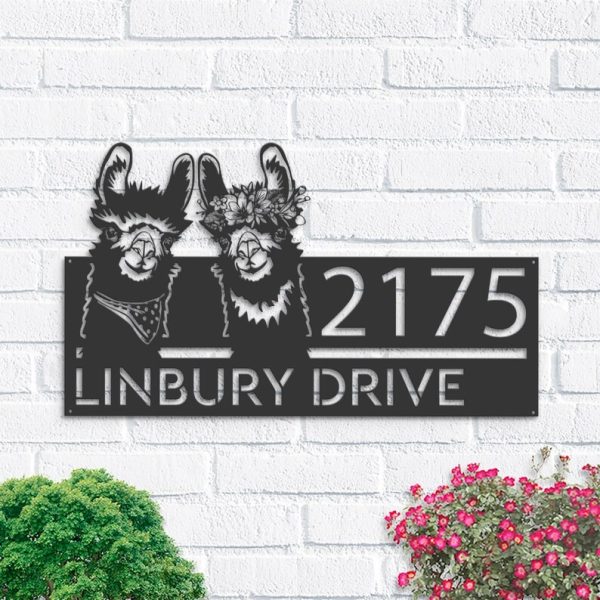 Personalized Couple Llama Address Sign House Number Plaque Custom Metal Sign