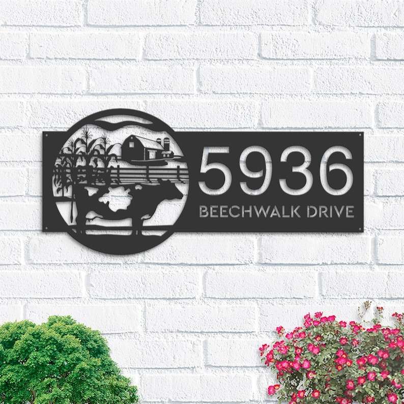 Personalized Cow Farm House Ranch Address Sign House Number Plaque Custom Metal Sign 1