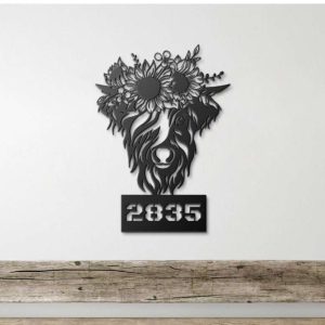 Personalized Cow Sunflower Address Sign Highland Cattle House Number Plaque Custom Metal Sign 2