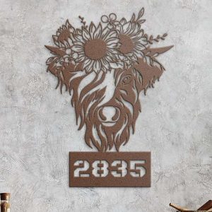 Personalized Cow Sunflower Address Sign Highland Cattle House Number Plaque Custom Metal Sign 3