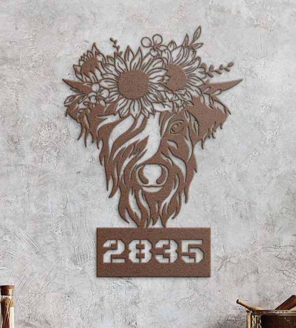 Personalized Cow Sunflower Address Sign Highland Cattle House Number Plaque Custom Metal Sign