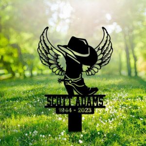 Personalized Cowboy Boot Hat With Wings Memorial Sign Yard Stakes Grave Marker Cemetery Decor Custom Metal Sign 1