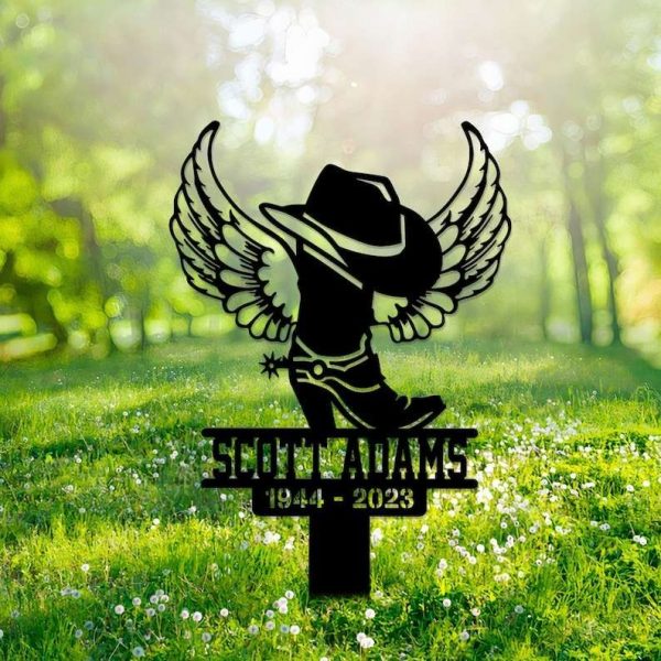 Personalized Cowboy Boot Hat With Wings Memorial Sign Yard Stakes Grave Marker Cemetery Decor Custom Metal Sign