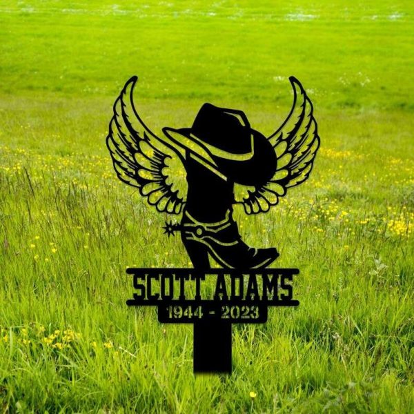 Personalized Cowboy Boot Hat With Wings Memorial Sign Yard Stakes Grave Marker Cemetery Decor Custom Metal Sign