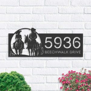 Personalized Cowboy Cowgirl Couple Horse Rider Farm Ranch Address Sign House Number Plaque Custom Metal Sign 1