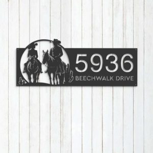 Personalized Cowboy Cowgirl Couple Horse Rider Farm Ranch Address Sign House Number Plaque Custom Metal Sign