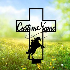 Personalized Cowboy Riding Horse Memorial Sign Yard Stakes Cowboy Grave Marker Cemetery Decor Custom Metal Sign 2