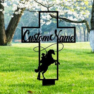 Personalized Cowboy Riding Horse Memorial Sign Yard Stakes Cowboy Grave Marker Cemetery Decor Custom Metal Sign 4