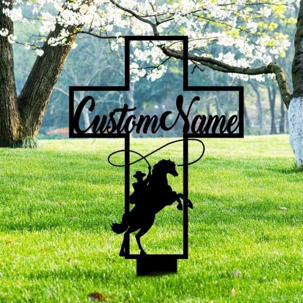 Personalized Cowboy Riding Horse Memorial Sign Yard Stakes Cowboy Grave Marker Cemetery Decor Custom Metal Sign