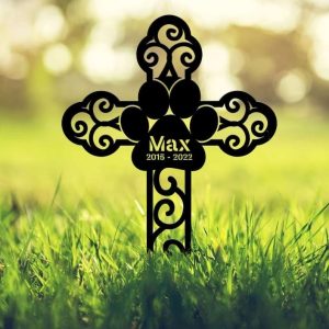 Personalized Cross Dog Paw Memorial Sign Yard Stakes Grave Marker Cemetery Decor Custom Metal Sign 2