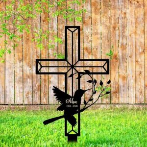 Personalized Cross Hummingbird Memorial Sign Yard Stakes Mom Dad Grave Marker Cemetery Decor Custom Metal Sign