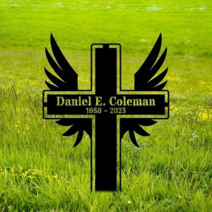 Personalized Cross With Wings Memorial Sign Yard Stakes Grave Marker Cemetery Decor Custom Metal Sign 1 1