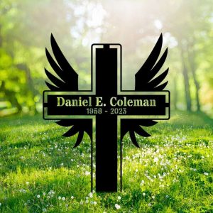 Personalized Cross With Wings Memorial Sign Yard Stakes Grave Marker Cemetery Decor Custom Metal Sign 2 1