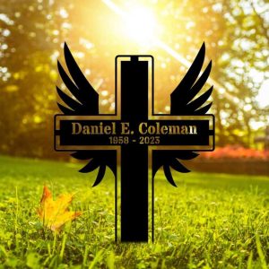 Personalized Cross With Wings Memorial Sign Yard Stakes Grave Marker Cemetery Decor Custom Metal Sign