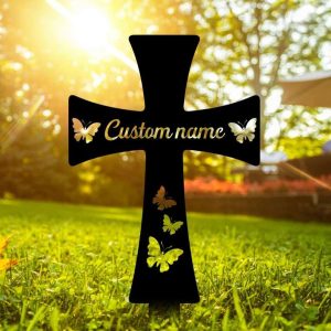 Personalized Cross with Butterfly Memorial Sign Yard Stakes Grave Marker Cemetery Decor Custom Metal Sign 1