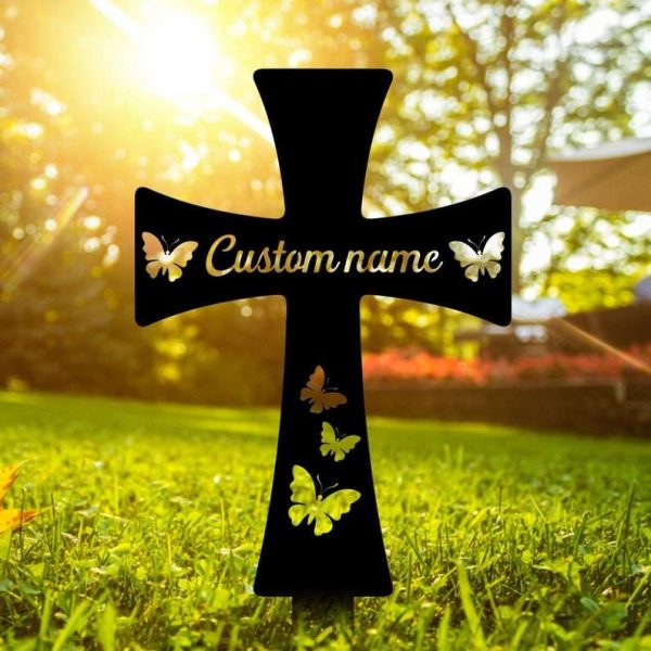 Personalized Cross with Butterfly Memorial Sign Yard Stakes Grave Marker Cemetery Decor Custom Metal Sign