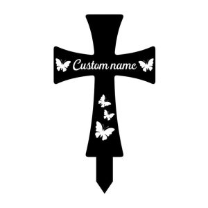 Personalized Cross with Butterfly Memorial Sign Yard Stakes Grave Marker Cemetery Decor Custom Metal Sign 2