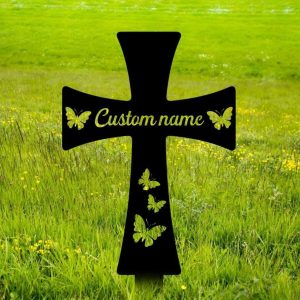 Personalized Cross with Butterfly Memorial Sign Yard Stakes Grave Marker Cemetery Decor Custom Metal Sign 3