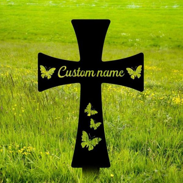 Personalized Cross with Butterfly Memorial Sign Yard Stakes Grave Marker Cemetery Decor Custom Metal Sign