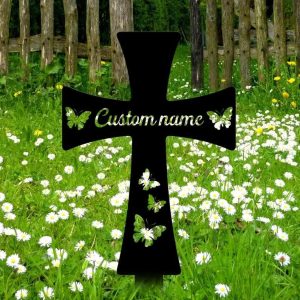 Personalized Cross with Butterfly Memorial Sign Yard Stakes Grave Marker Cemetery Decor Custom Metal Sign 4