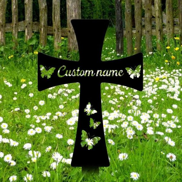 Personalized Cross with Butterfly Memorial Sign Yard Stakes Grave Marker Cemetery Decor Custom Metal Sign