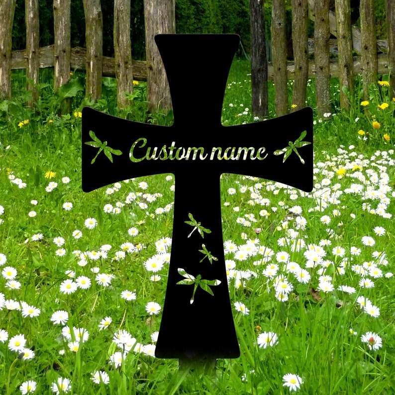 Personalized Cross with Dragonfly Memorial Sign Yard Stakes Grave Marker Cemetery Decor Custom Metal Sign 4 1