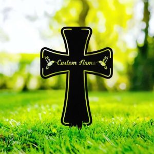 Personalized Cross with Hummingbird Memorial Sign Yard Stakes Grave Marker Cemetery Decor Custom Metal Sign 1