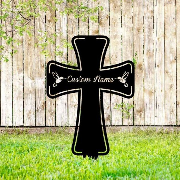 Personalized Cross with Hummingbird Memorial Sign Yard Stakes Grave Marker Cemetery Decor Custom Metal Sign