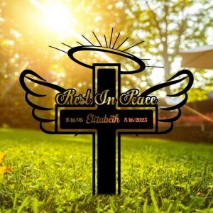 Personalized Cross with Wings Memorial Sign Rest in Peace Yard Stakes Angel Grave Marker Cemetery Decor Custom Metal Sign