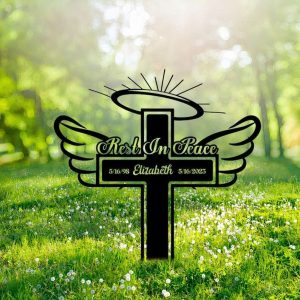 Personalized Cross with Wings Memorial Sign Rest in Peace Yard Stakes Angel Grave Marker Cemetery Decor Custom Metal Sign 2