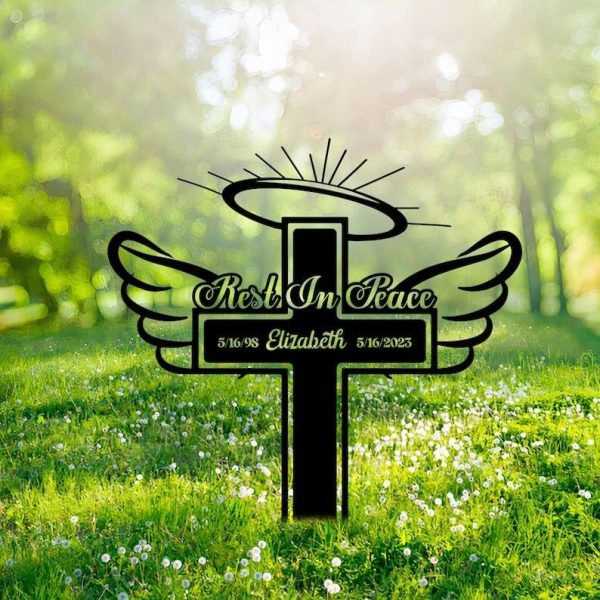 Personalized Cross with Wings Memorial Sign Rest in Peace Yard Stakes Angel Grave Marker Cemetery Decor Custom Metal Sign