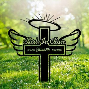 Personalized Cross with Wings Memorial Sign Rest in Peace Yard Stakes Angel Grave Marker Cemetery Decor Custom Metal Sign 3