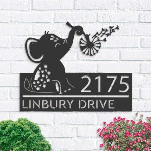 Personalized Cute Baby Elephant Playing with Dandelion Address Sign House Number Plaque Custom Metal Sign